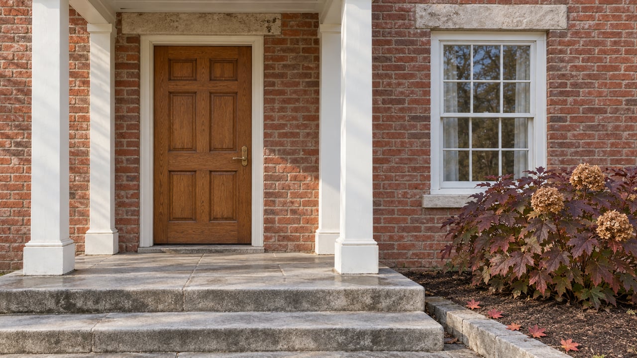 Brick home entrance with a sheltered oak door, white sash window, worn stone steps and burgundy oakleaf hydrangea.