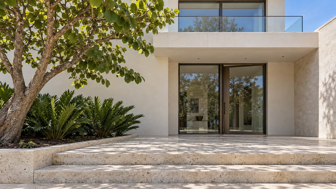 Pale stucco home with a bronze-framed glass entrance, shellstone steps and a sculptural sea grape tree in afternoon light.