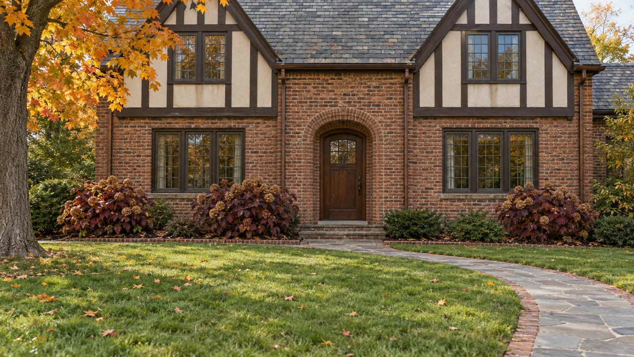 Autumn lawn and bluestone approach in front of a brick and half-timbered house with an arched oak entrance.
