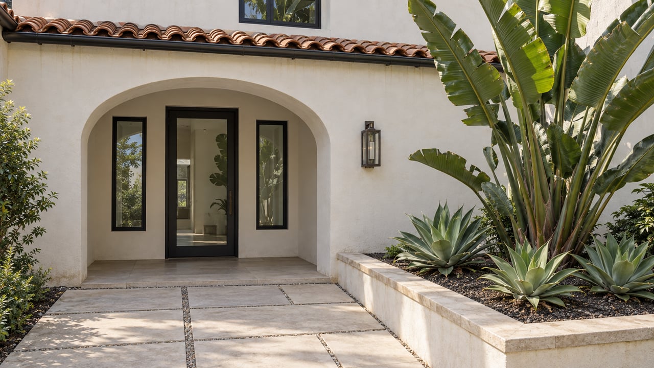 White stucco home with clay roof tiles, a recessed arched glass entry and a pale paved approach beside sculptural planting.