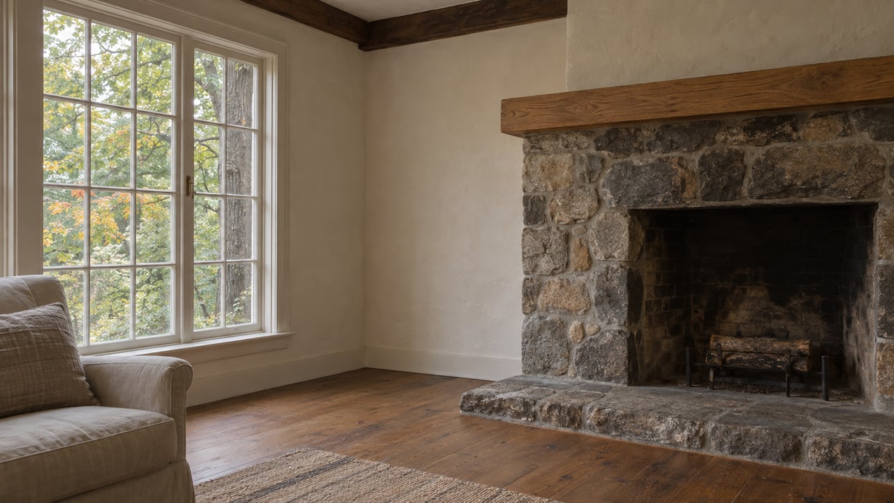 Fieldstone fireplace and oak mantel beside a tall divided-light window overlooking leafy branches.