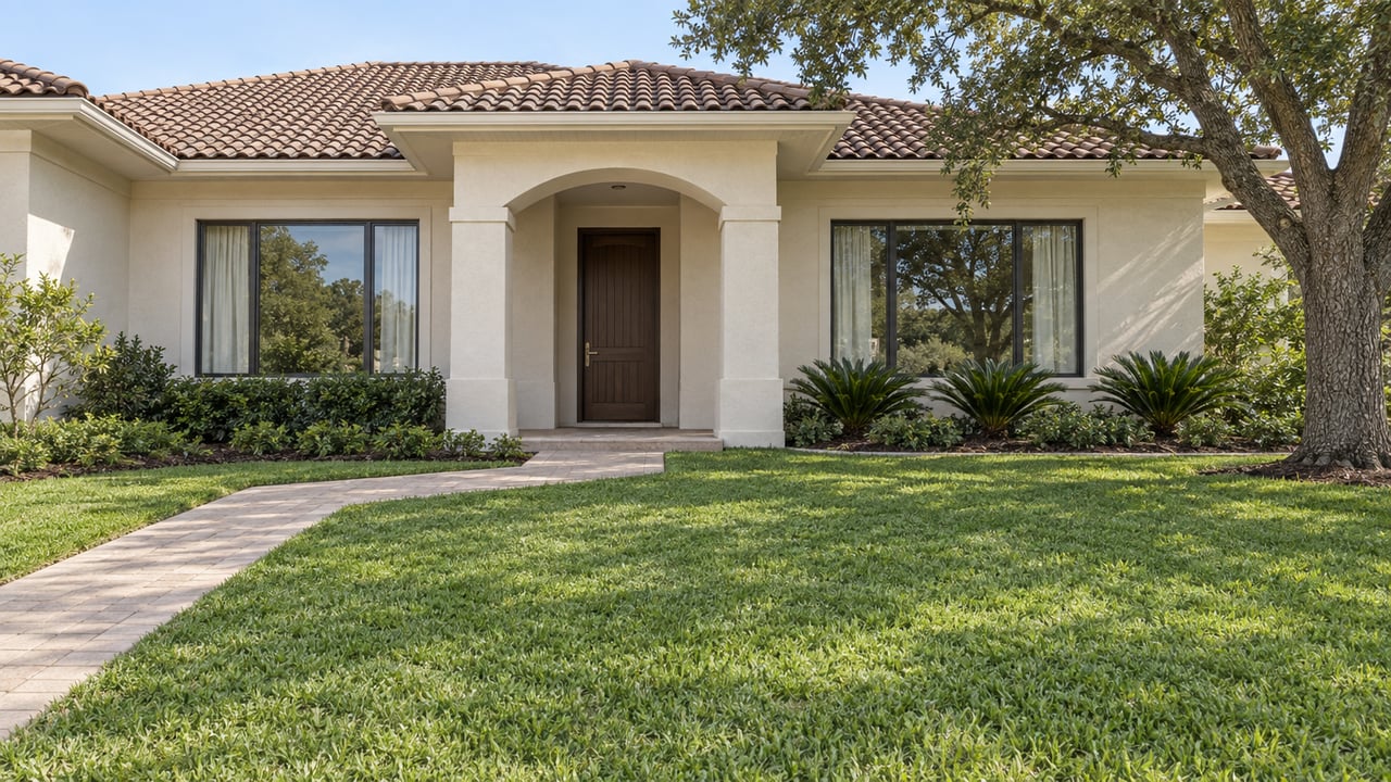 Pale stucco home with a brown tiled roof, recessed arched entry and broad sunlit lawn.