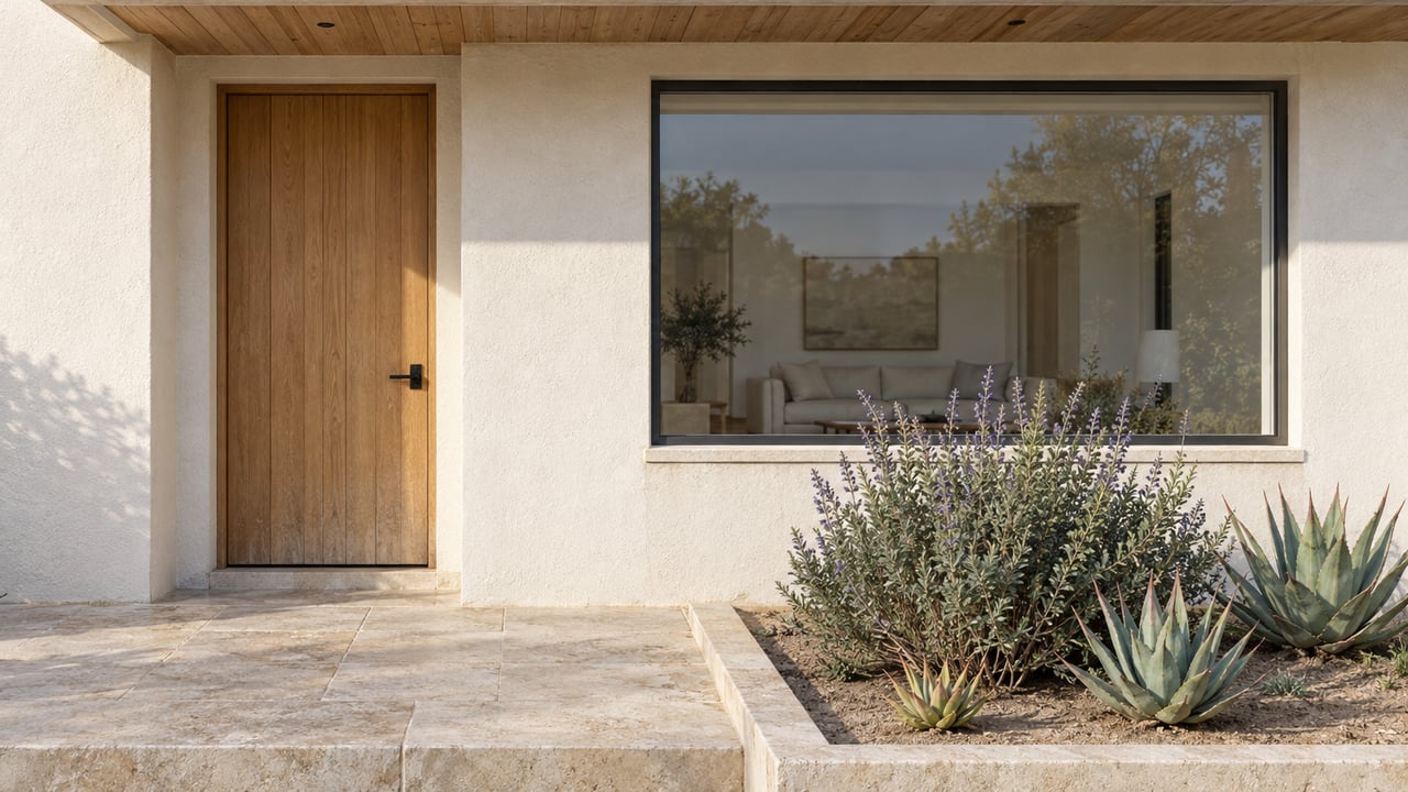 Warm-white stucco home with a natural oak entry door, charcoal-framed window, limestone terrace and a small bed of Cleveland sage and coral aloe.