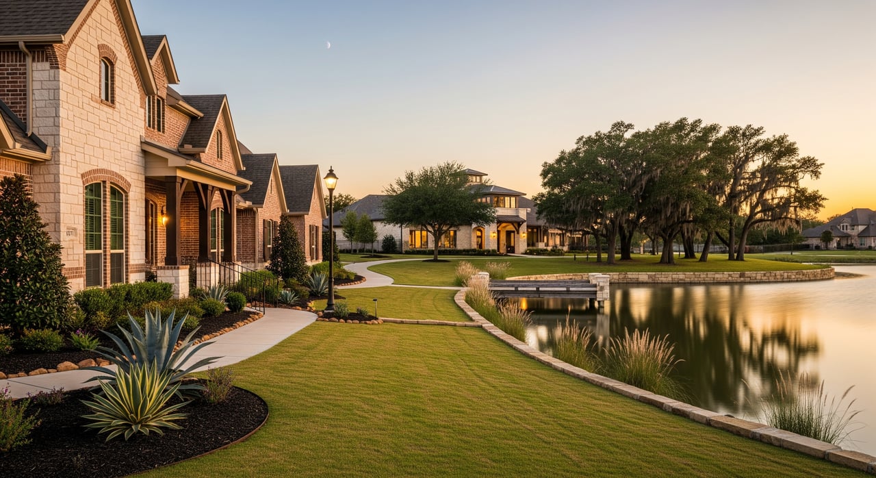 Stone houses line a landscaped pond with a fountain, trees, and a curved walkway at dusk.