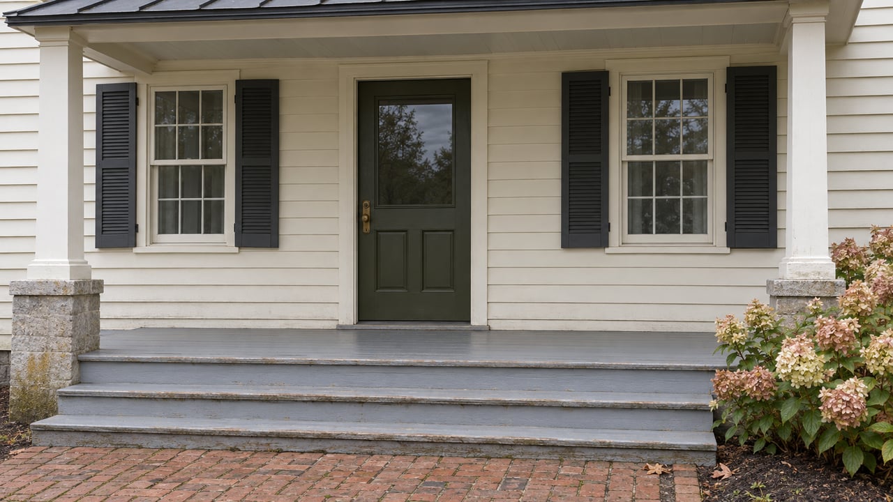 Ivory clapboard porch with an olive glazed door, balanced shuttered windows, worn gray steps and fading hydrangea flowers beside a brick walk.