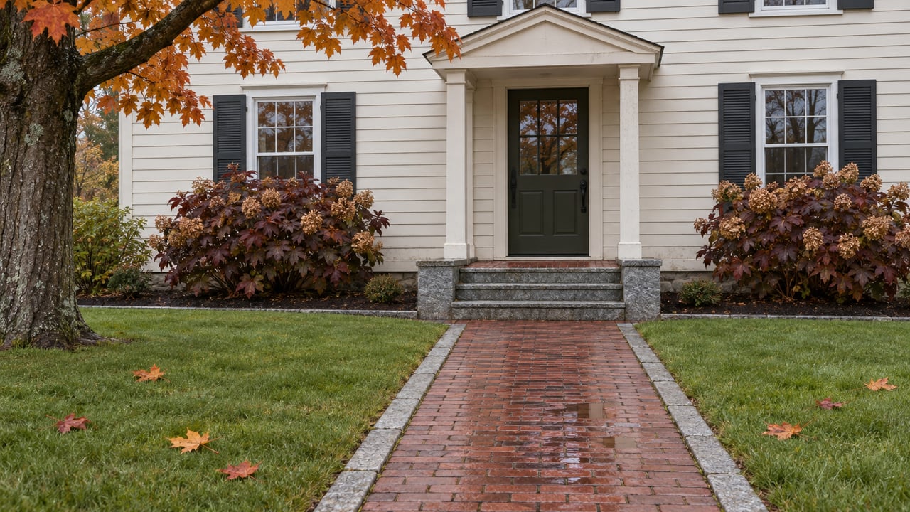 Rain-damp brick walk through an autumn lawn toward an ivory clapboard home with an olive door, granite steps and copper-colored maple leaves.