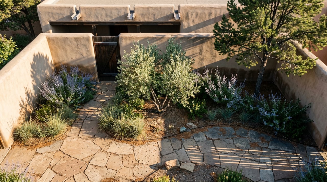 Overhead courtyard garden with a curving flagstone path, silvery olive tree, pinyon pine, and plaster walls.