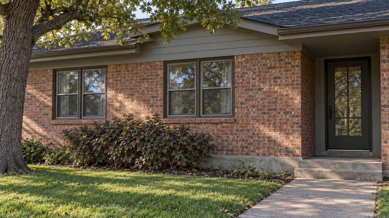 Brick-and-siding ranch with paired sash windows, a recessed glazed door, and oak branches overhead.