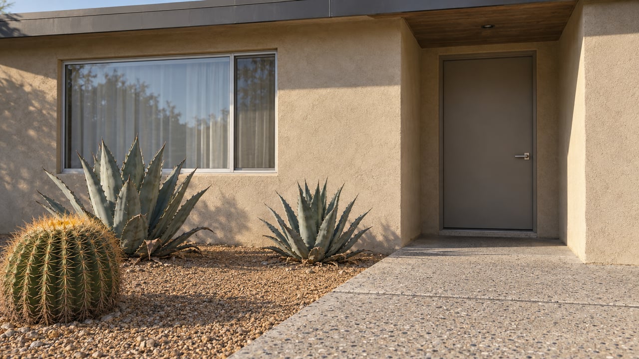 Sunlit sand-colored stucco home with a recessed gray front door, broad window, concrete approach and carefully spaced desert plants.