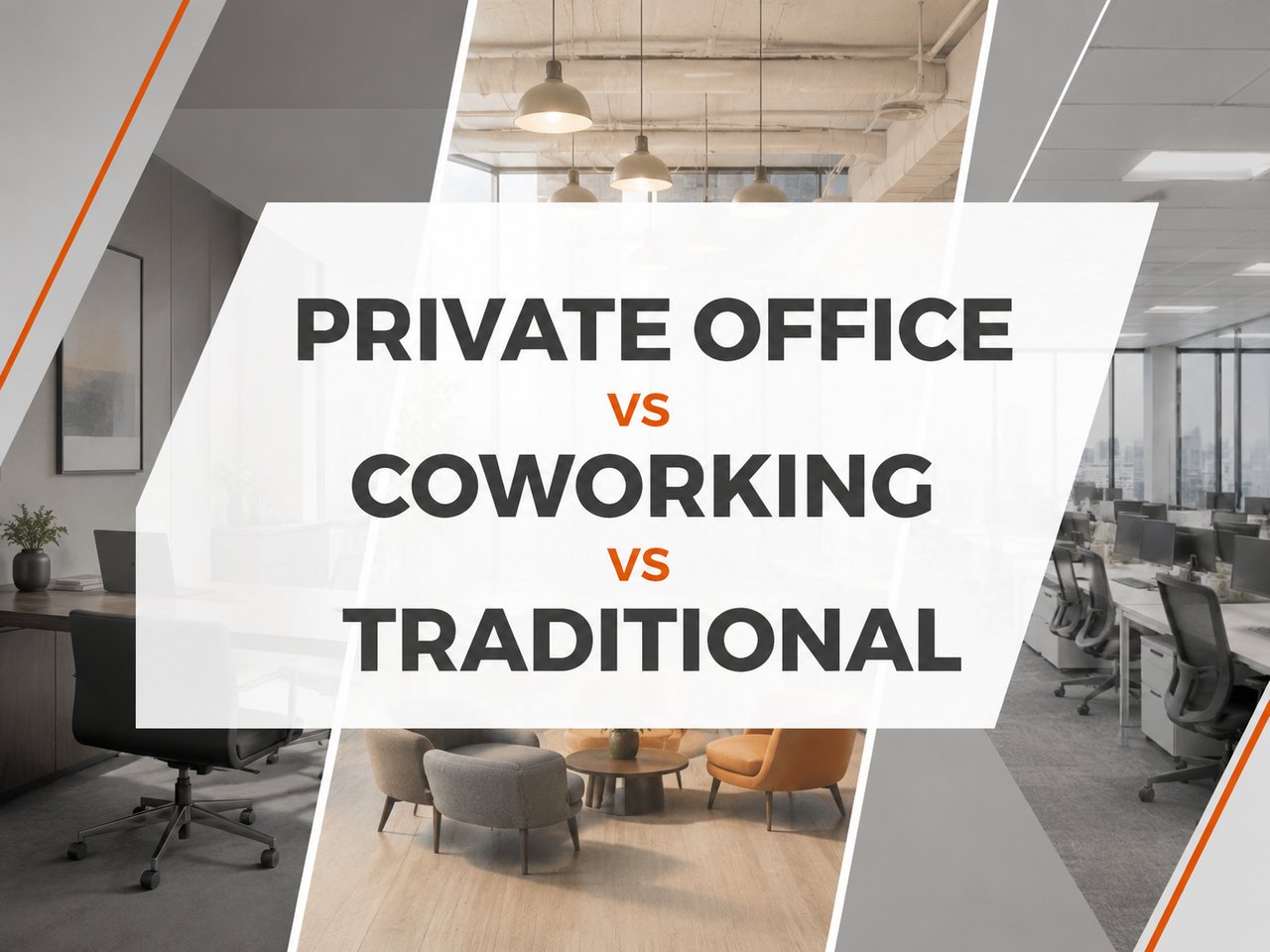 Comparison graphic showing coworking, private office, and traditional office space options for businesses in Birmingham, Alabama.