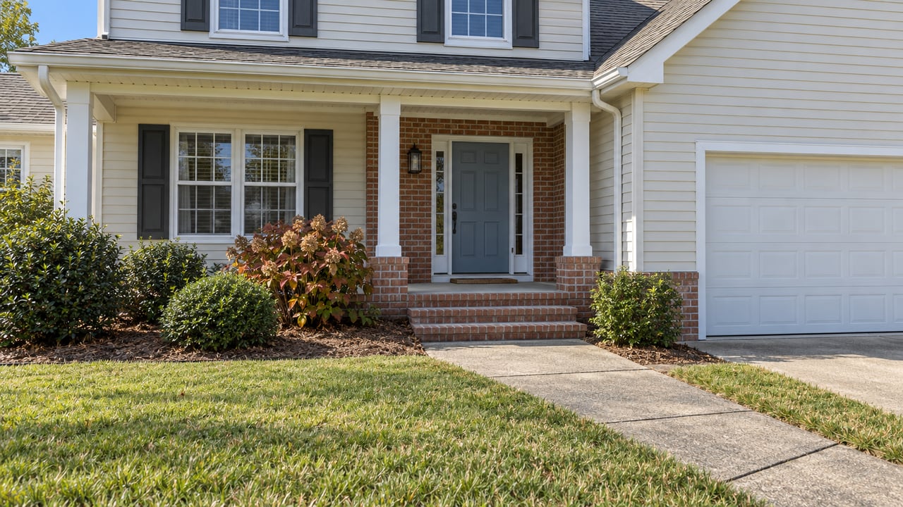 Ivory-sided two-story home with a blue front door, brick entry steps, autumn oakleaf hydrangea and a concrete walk through the front lawn.