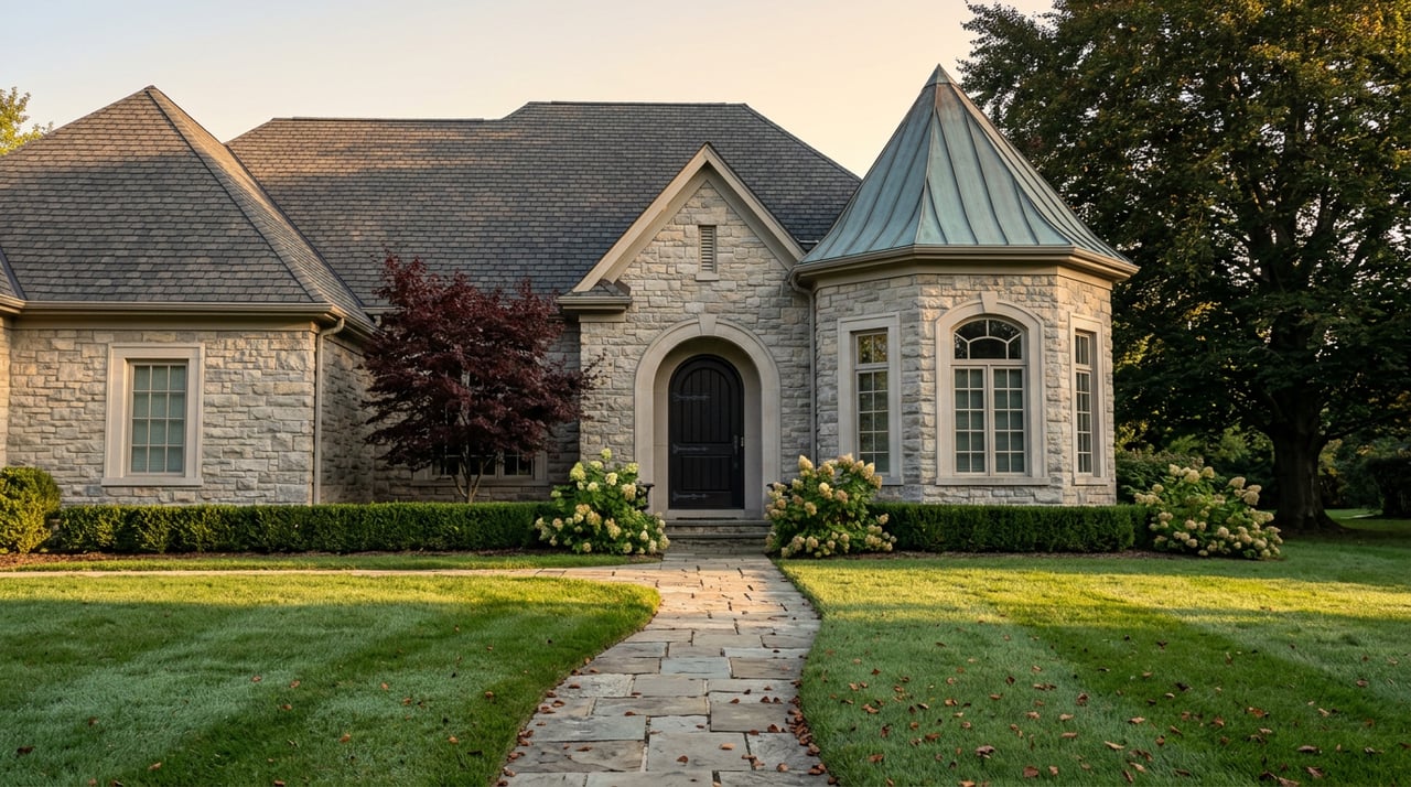 Stone-faced executive home with an arched entry, turret, burgundy Japanese maple, and curved walkway through a broad lawn.