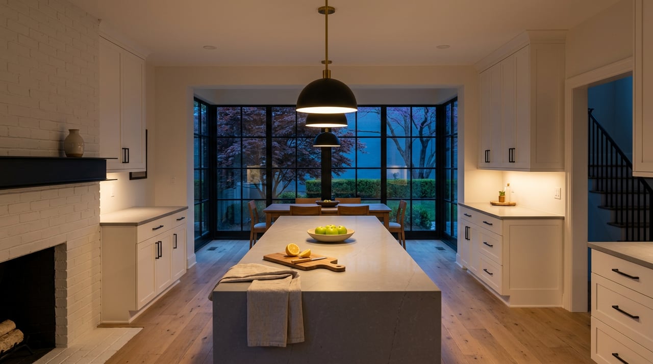 Open kitchen with a quartz island, black pendant lights, and a red-bronze Japanese maple beyond the dusk-lit windows.