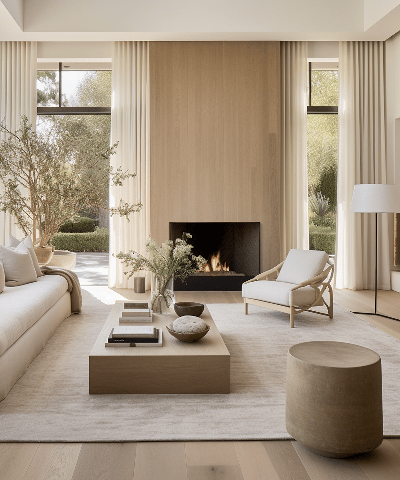 Furnished living room with a modern fireplace, tall curtained windows, and neutral seating.