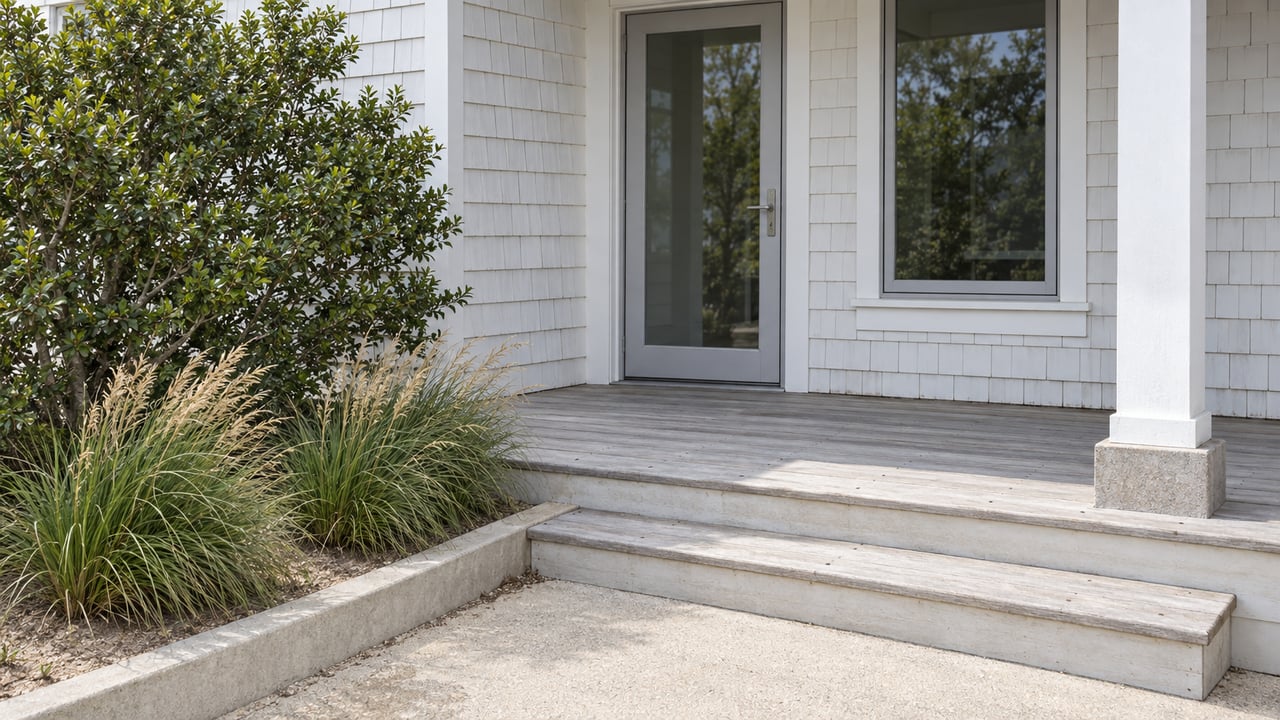 White-shingled home with a glazed entry, silvered wood porch steps and a concrete walk beside yaupon holly and sea oats.