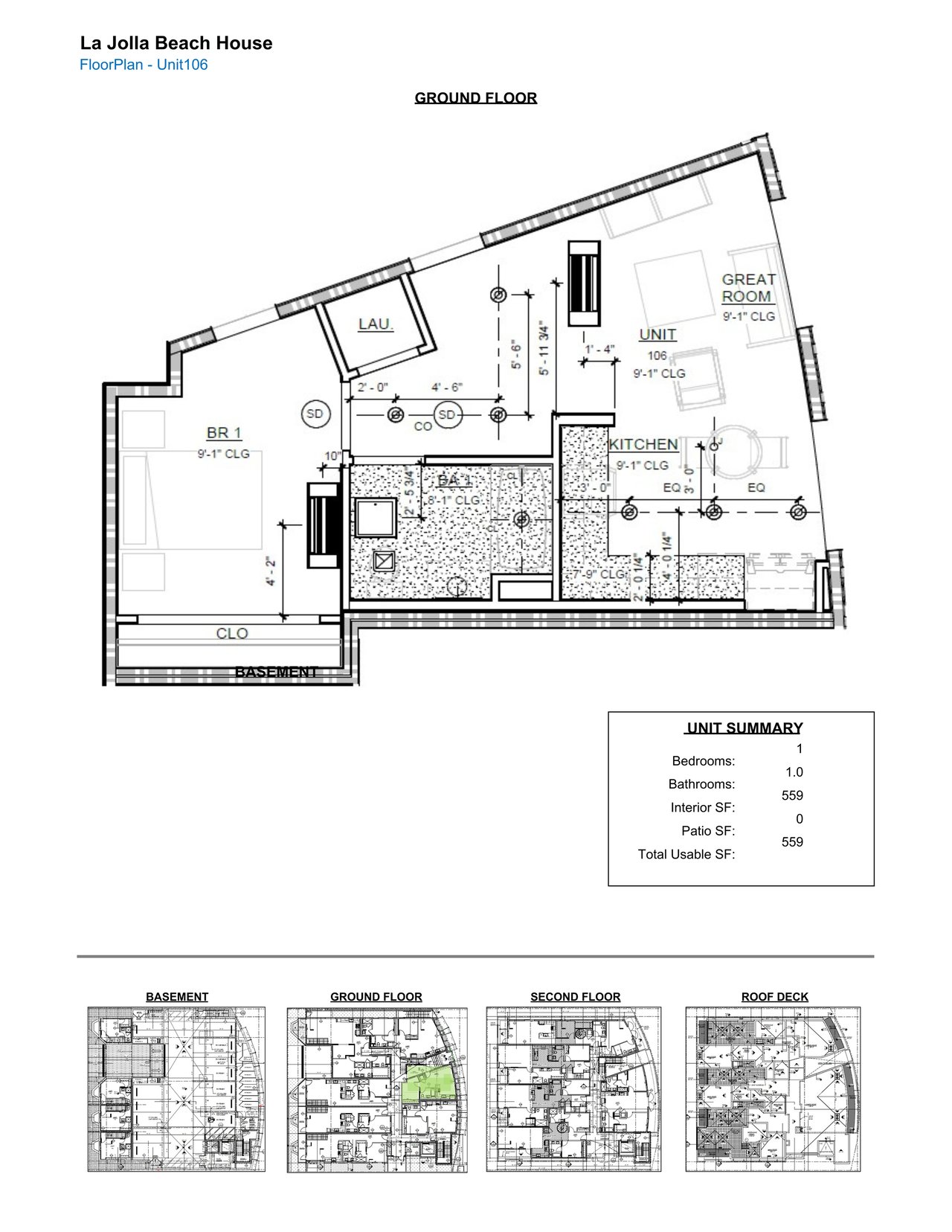 La Jolla Beach House Unit 106 floor plan showing the ground-floor layout and unit summary.