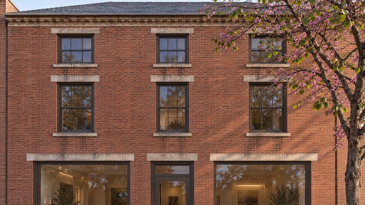 Three-story red-brick building with bronze windows, glass storefront, and leafy tree branches overhead.
