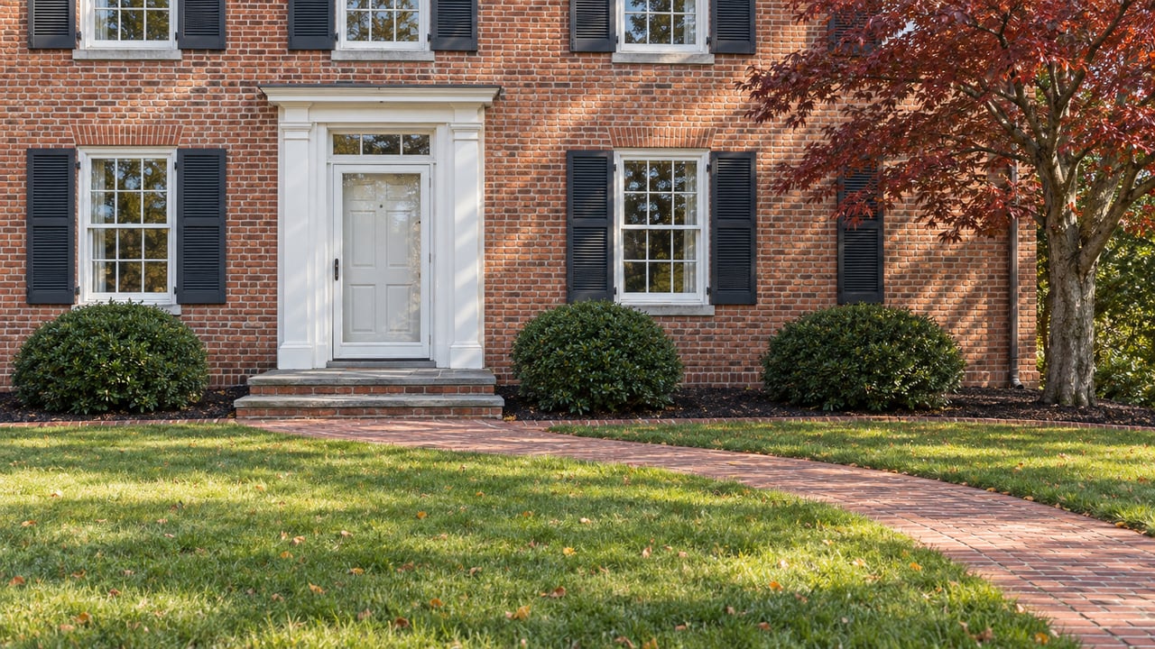 Traditional red-brick home with white sash windows, dark shutters, a brick walk, and a deep autumn lawn beside a burgundy-leaved dogwood.