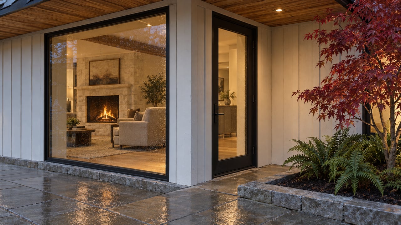 Dusk light on a cedar-roofed home's glazed corner, with warm oak interiors, a rain-darkened stone terrace, and red Japanese maple foliage.