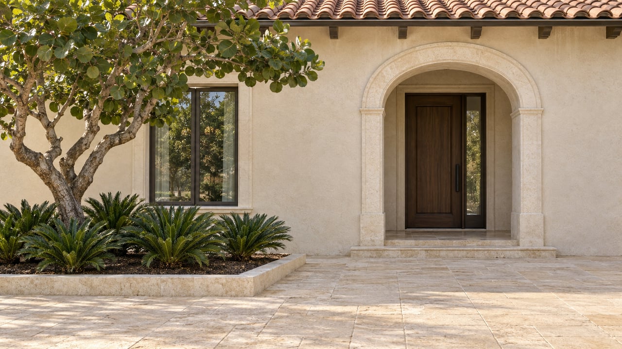 Mediterranean estate entry with a limestone arch, dark wood door, tiled roof, and twisting tree in a raised bed.