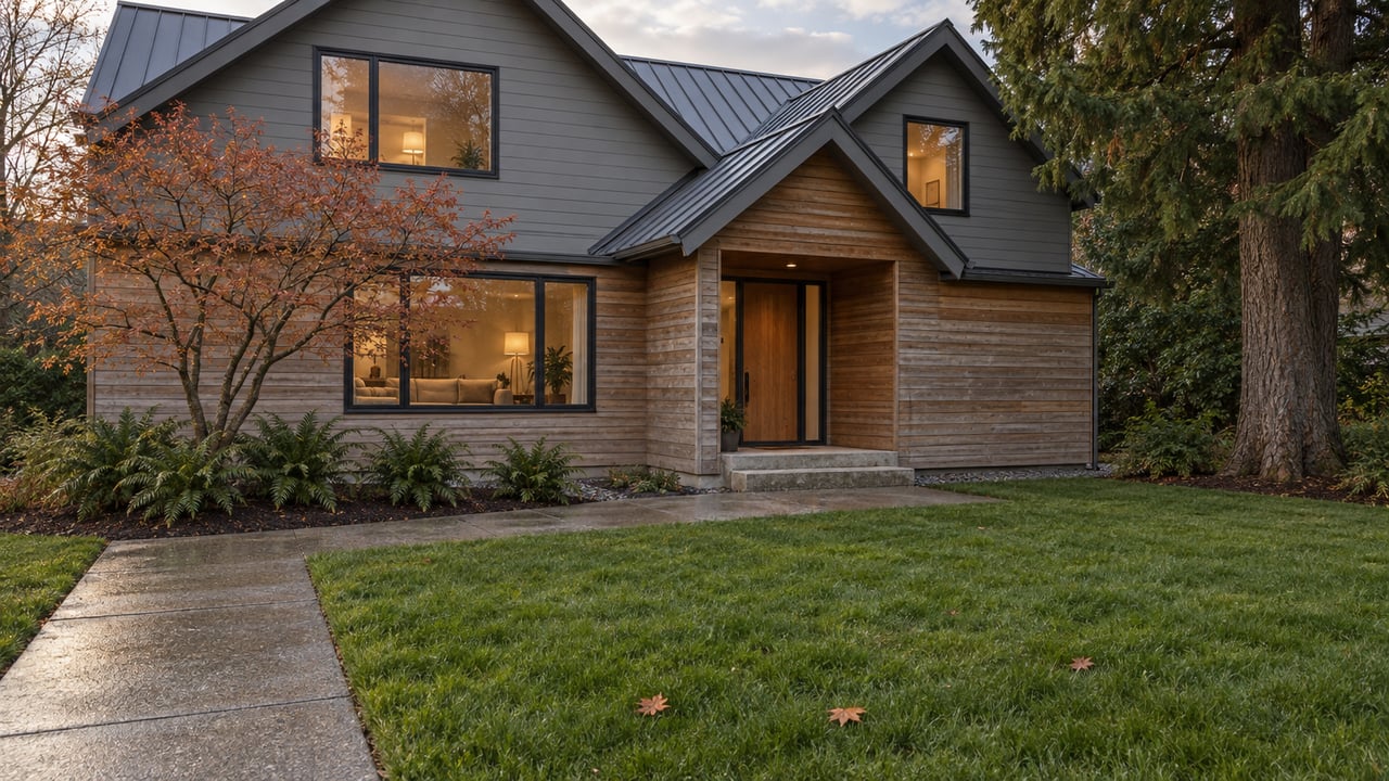 Cedar-and-gray home with dark metal gables, warm windows and a deep autumn lawn beside a concrete front walk.