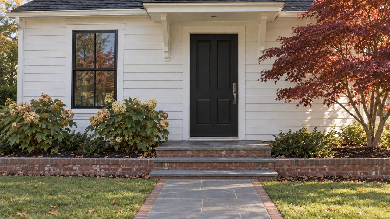 Bluestone front steps lead from a white clapboard house to an edged stone walkway across the lawn.