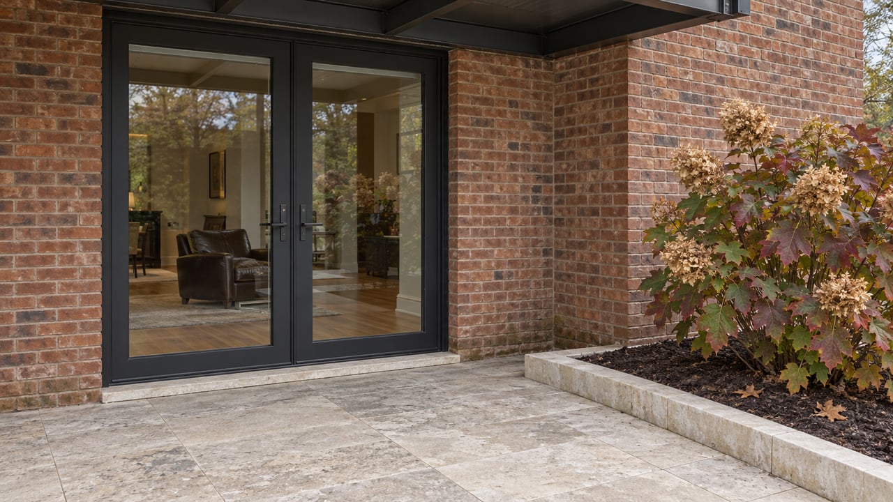 Close view of a brick home's black-framed glass terrace doors, pale stone paving and autumn oakleaf hydrangea.