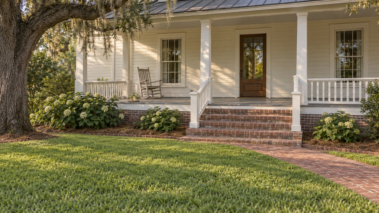 A cream clapboard home with a raised brick veranda, weathered rocking chair and broad lawn beneath a mature live oak.