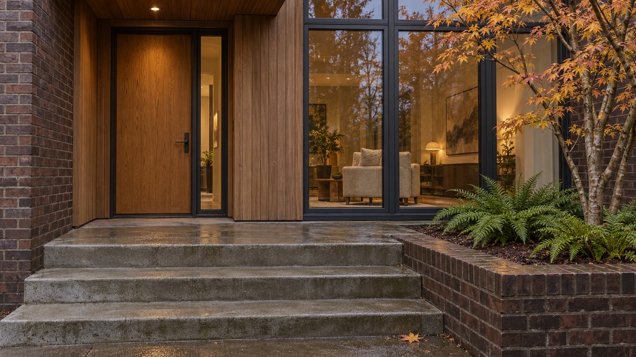 Rain-darkened concrete steps lead to a recessed oak door beside cedar siding, brickwork and warmly lit windows, with autumn vine maple and sword ferns.