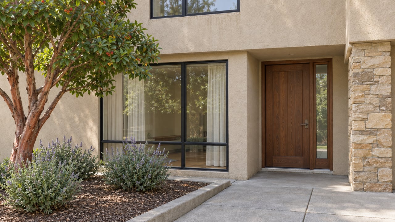 Sand-colored stucco condominium entrance with a timber door, black-framed windows, sandstone pier and a planted concrete approach.