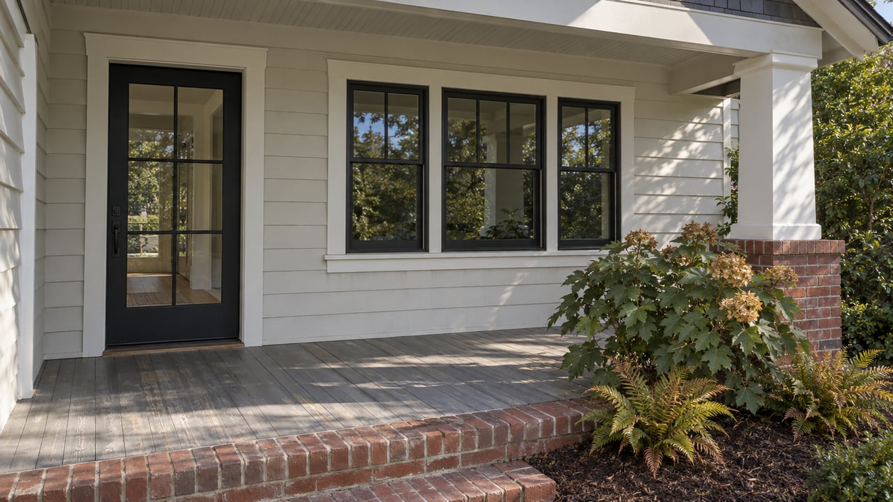A sunlit Craftsman porch with white lap siding, a black glazed entry door, weathered gray floorboards and oakleaf hydrangea beside a brick step.