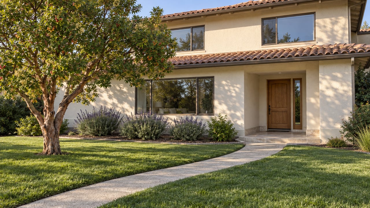 An established two-story ivory stucco home with a tile roof, deep lawn, curved concrete approach and a mature strawberry tree in afternoon light.