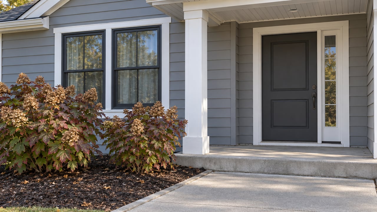 Gray-sided home with a covered entry, dark-framed paired window, concrete front walk, and oakleaf hydrangeas.