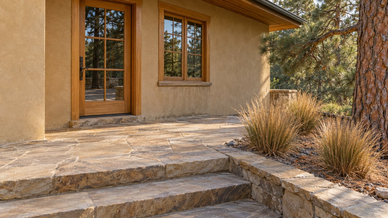 Honey-toned glazed entry and ochre stucco above worn sandstone terrace steps, with a ponderosa pine and tawny little bluestem beside a stone-edged bed.