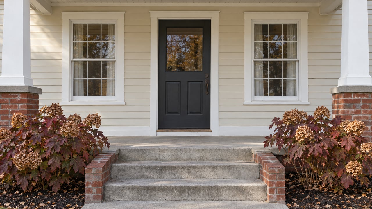 Cream clapboard home with a charcoal front door, paired white sash windows, brick porch piers and autumn oakleaf hydrangeas.