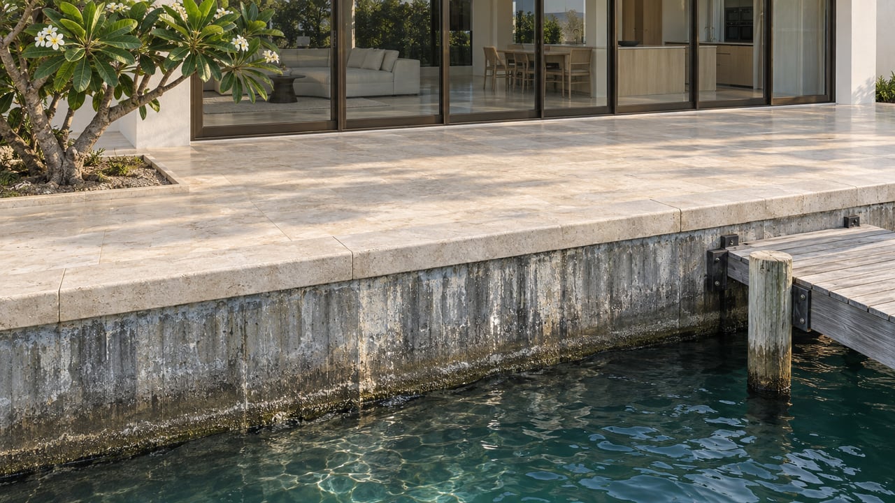 Waterfront patio with pale limestone coping, weathered concrete seawall, turquoise water, and a timber dock.