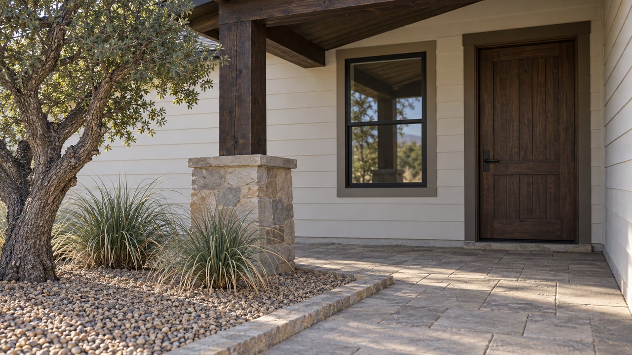 Covered ranch-home entry with off-white siding, dark timber, a stone pier and a paver path beside native drought-tolerant planting.