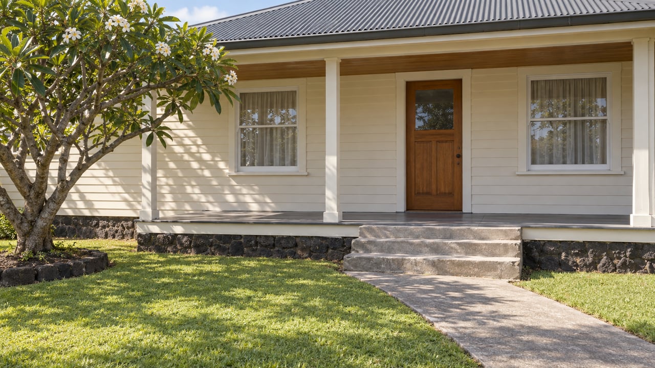 Sunlit ivory timber home with a shaded front porch, concrete approach, green lawn and white-flowering plumeria.
