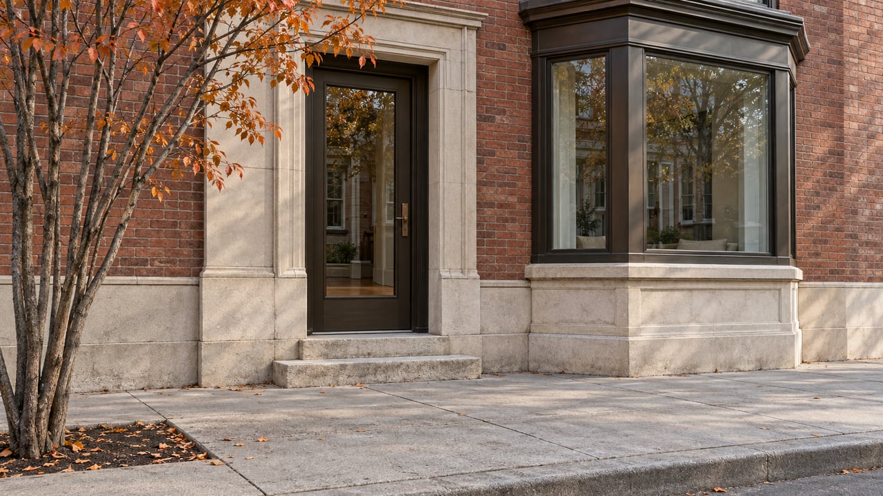 Rust-red brick townhouse entry with a limestone doorway, projecting bay window, and orange-leaved tree.