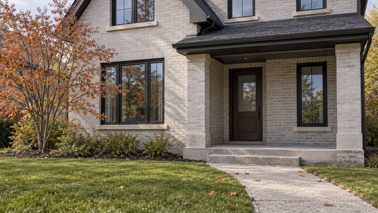 Pale grey brick detached home with black-framed windows, a shallow covered entry and an autumn serviceberry beside the front lawn.