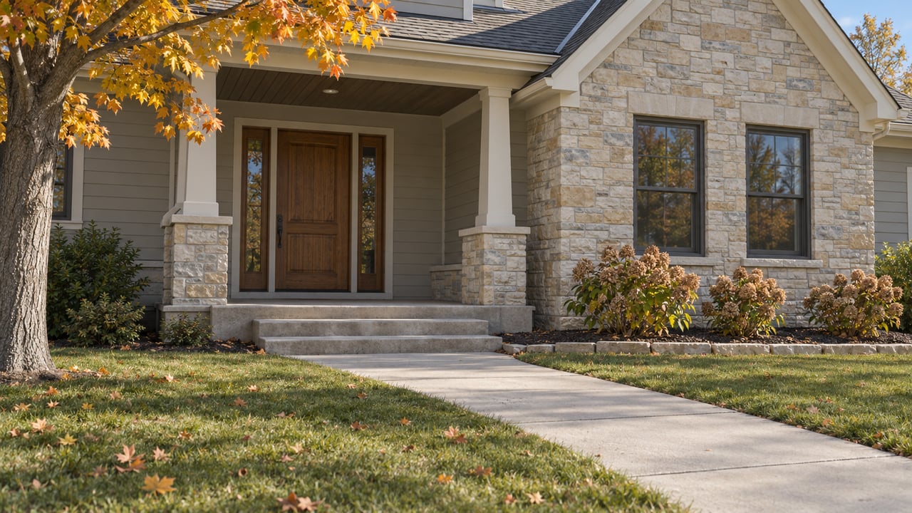 Autumn light across a concrete front walk leading to a covered oak entry on a gray-sided home with limestone accents and a broad lawn.