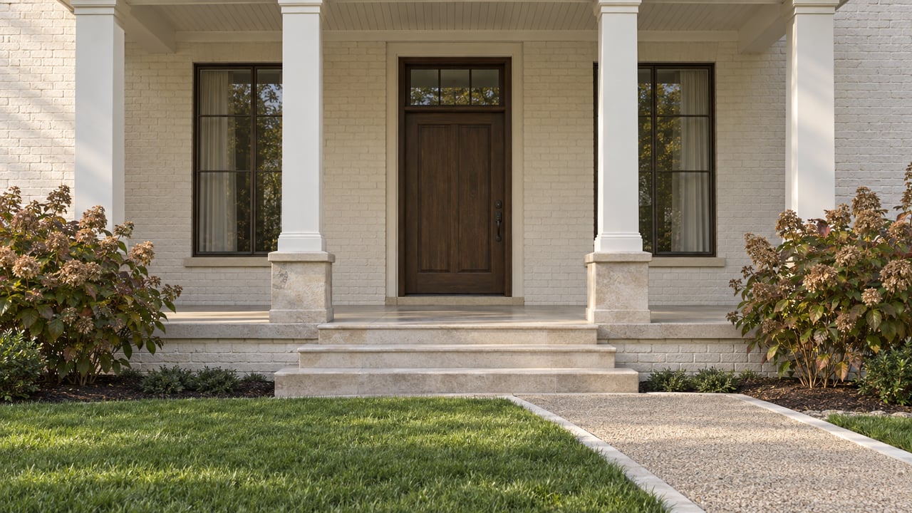 White-painted brick home with a deep limestone porch, oak entry door, bronze windows and oakleaf hydrangeas beside a broad lawn.