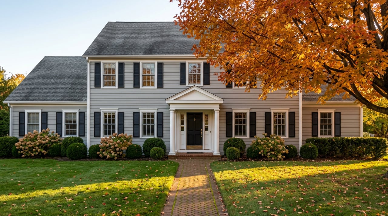 Gray Colonial home with a white-columned portico beneath an autumn maple, brick walkway across lawn.