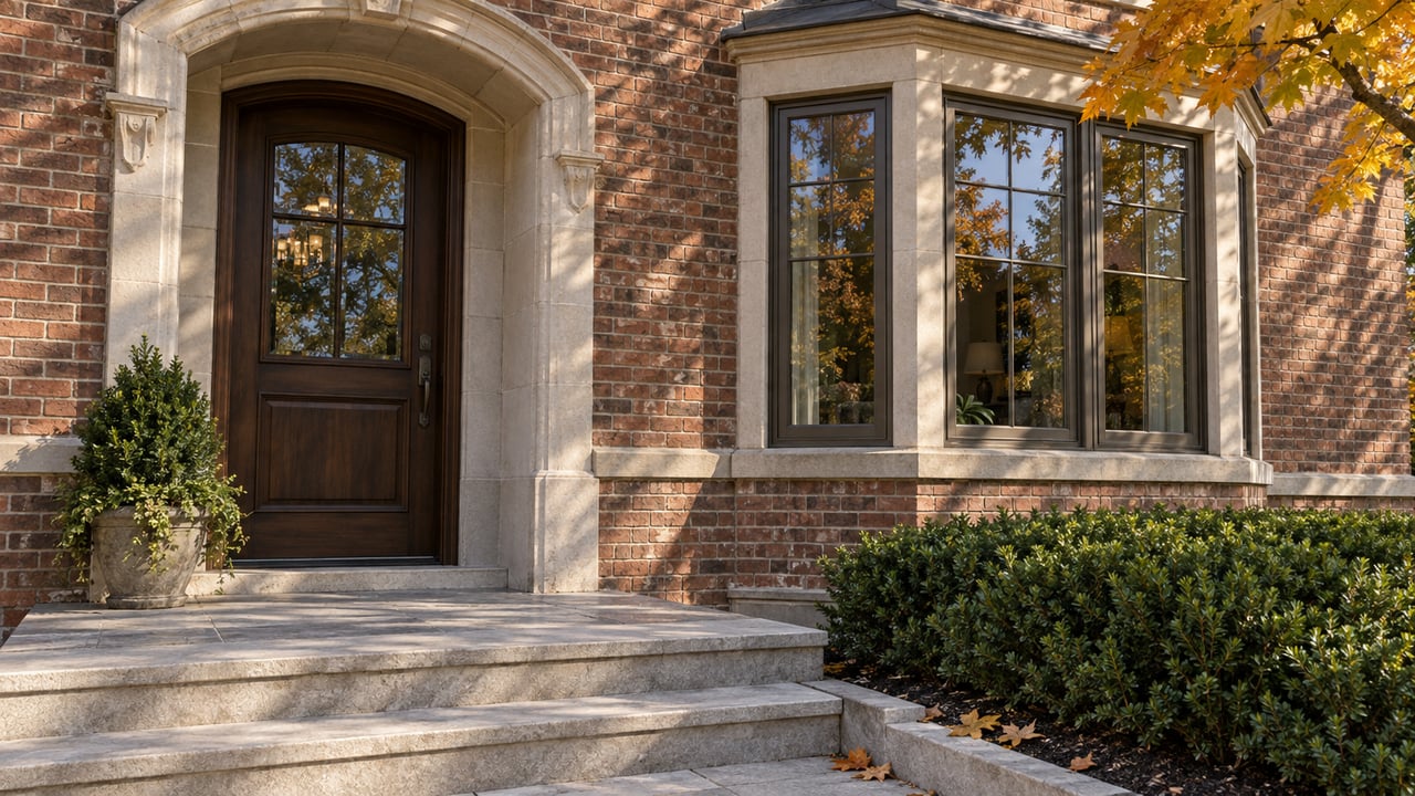 Morning light on a carved limestone entrance and glazed bay of a red-brown brick home, with yellow-orange maple leaves and stone steps.