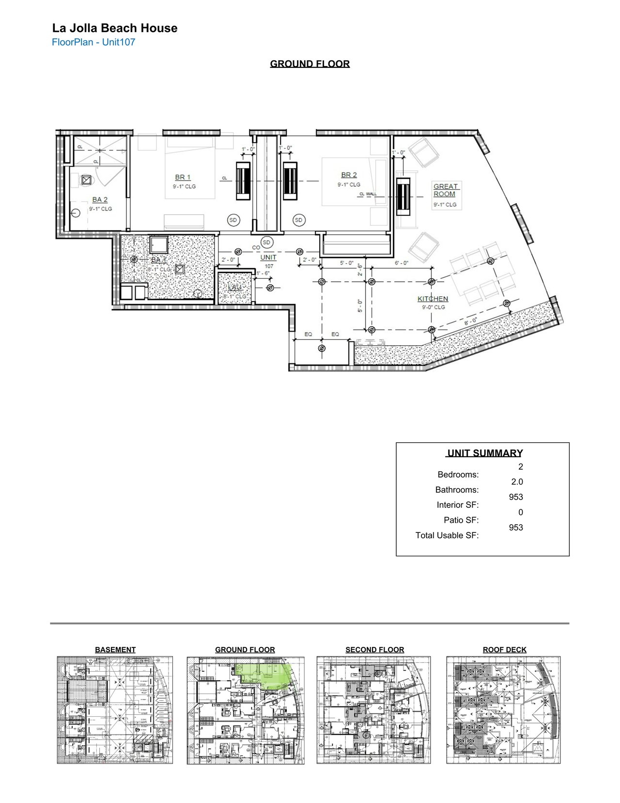 Ground-floor plan for La Jolla Beach House, Unit 107, with two bedrooms and two bathrooms.