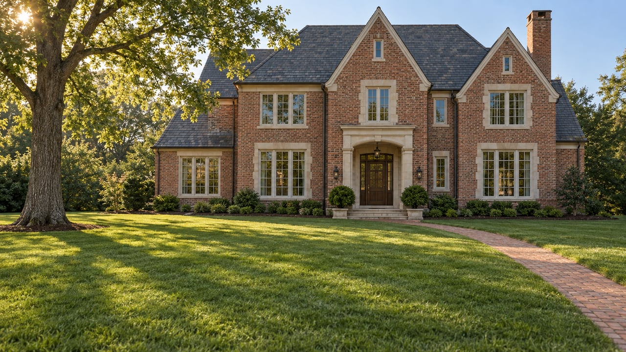 Brick estate house beyond a broad lawn, with a curving brick walk and mature white oak.