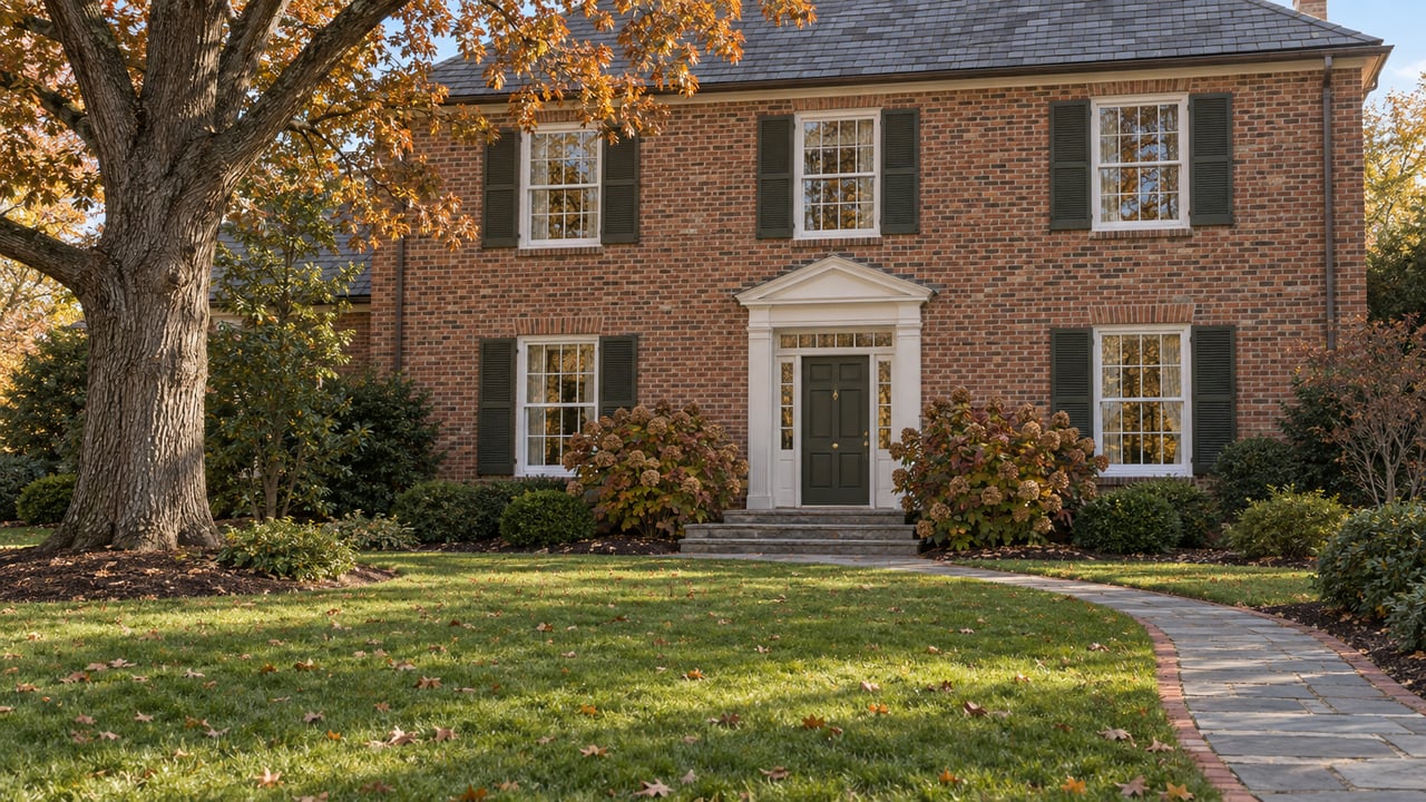 A brick two-story home with divided-light windows, an olive front door and a curved stone walk across a deep autumn lawn beneath a mature oak.