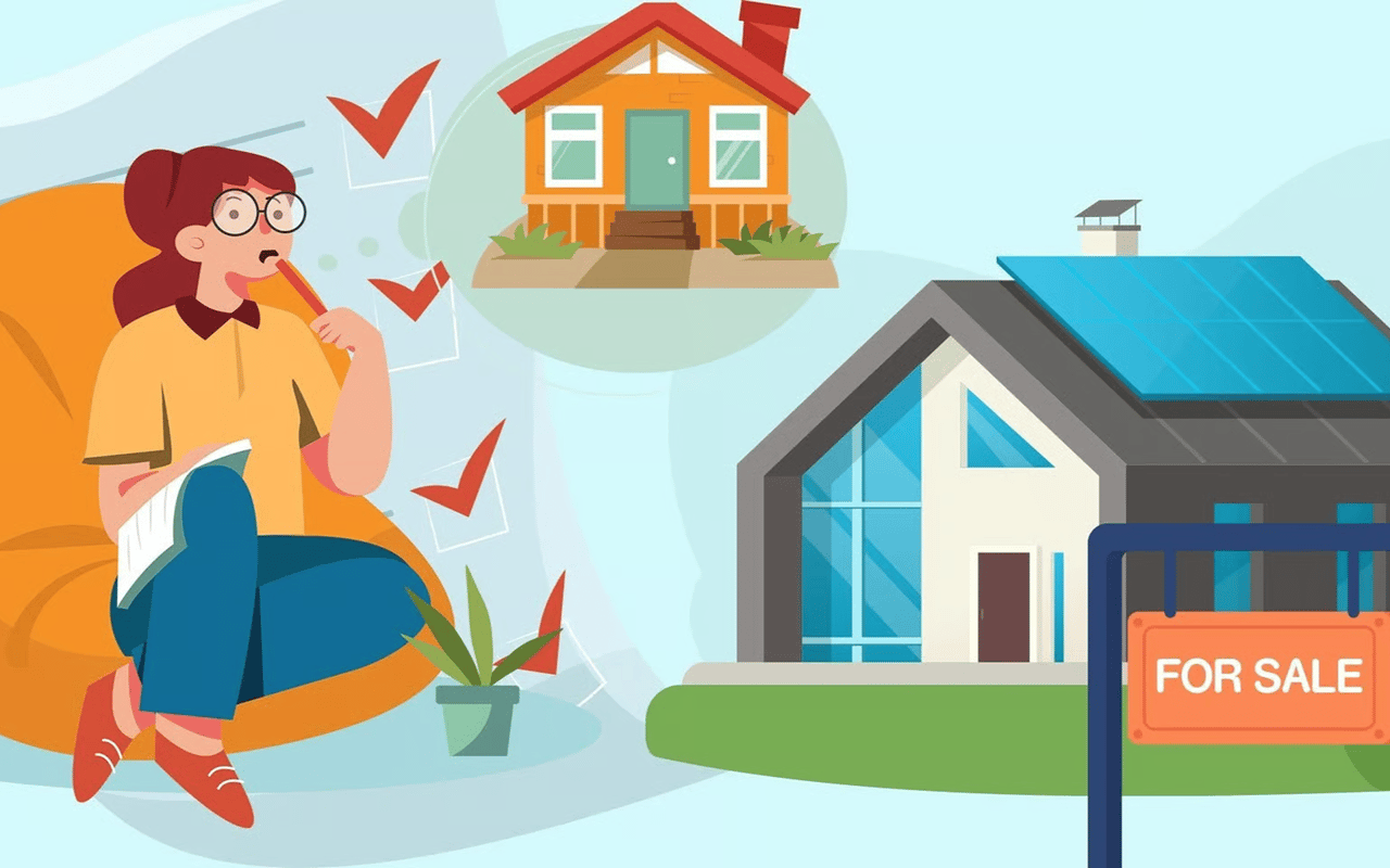 Woman considers selling a house beside a home with solar panels and a FOR SALE sign.