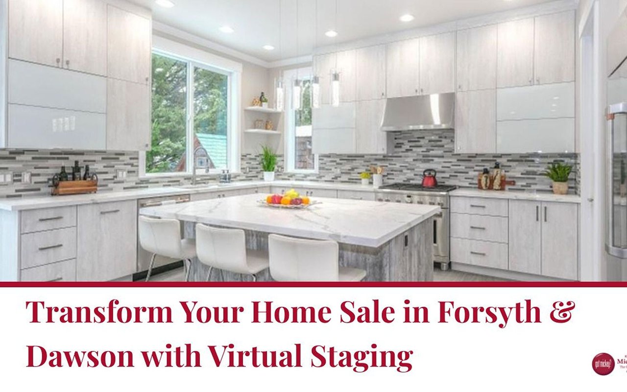 Virtual staging tips for Forsyth and Dawson homes, illustrated with a bright white kitchen.