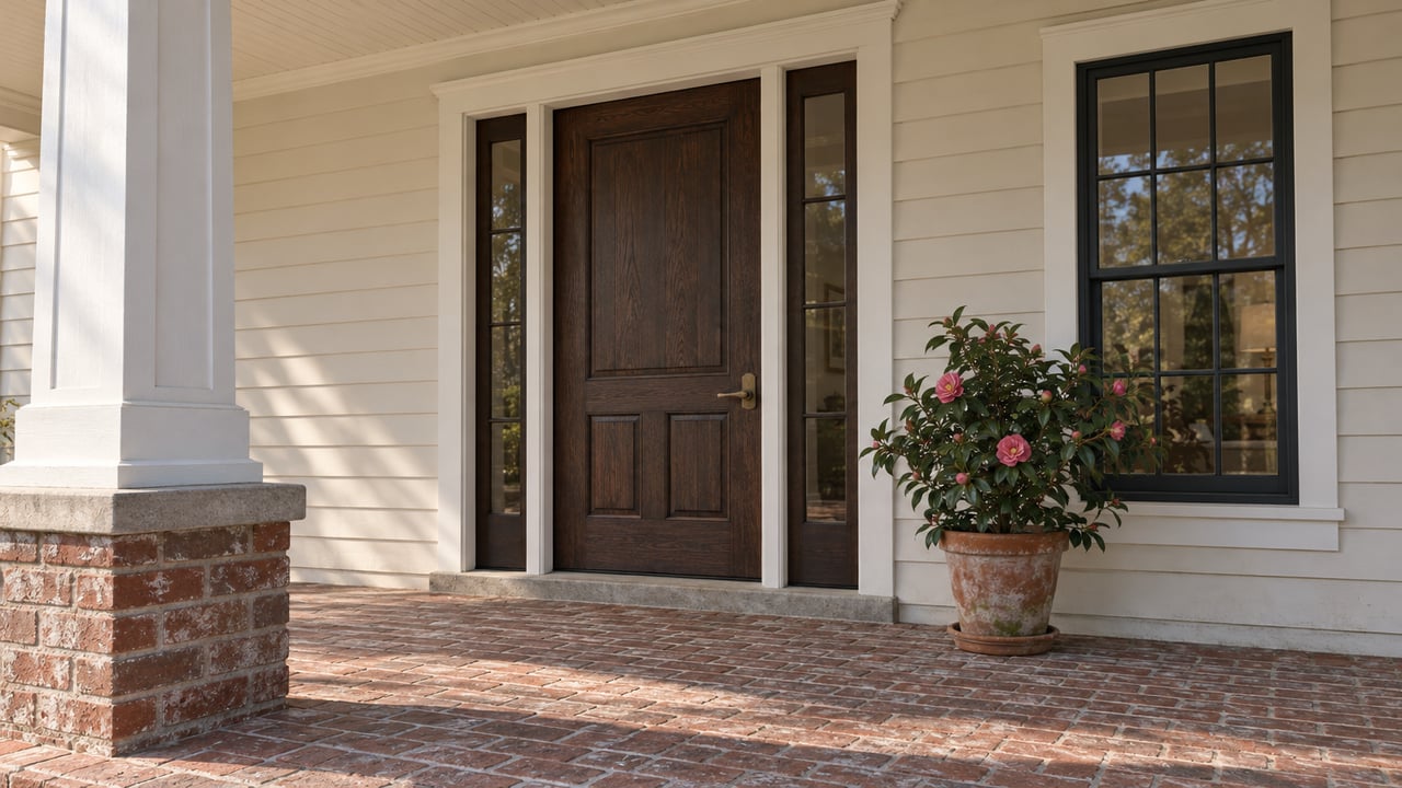 Close view of a covered home entry with an oak door, ivory siding, brick porch floor and a potted camellia.